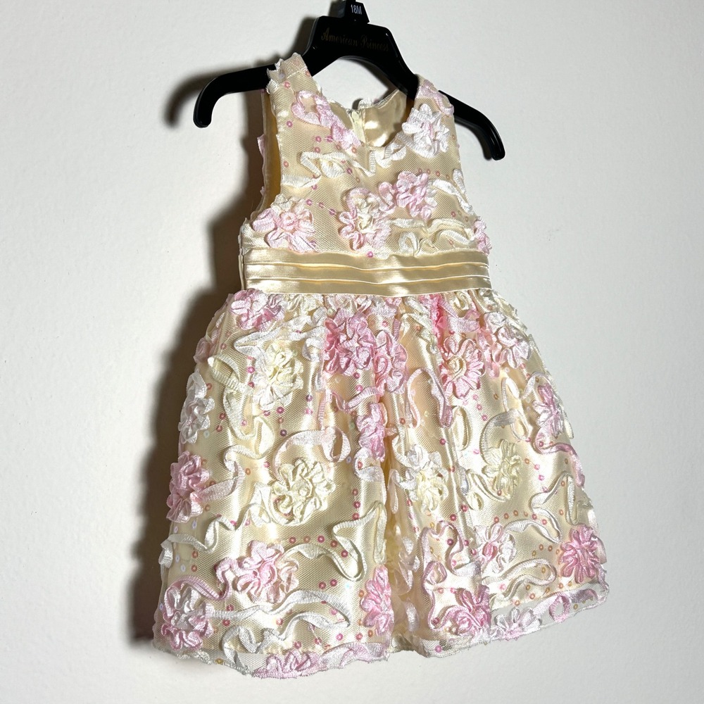 American Princess Cream Pink Floral Sequin 3D Flower Party Dress Bloomers 18M